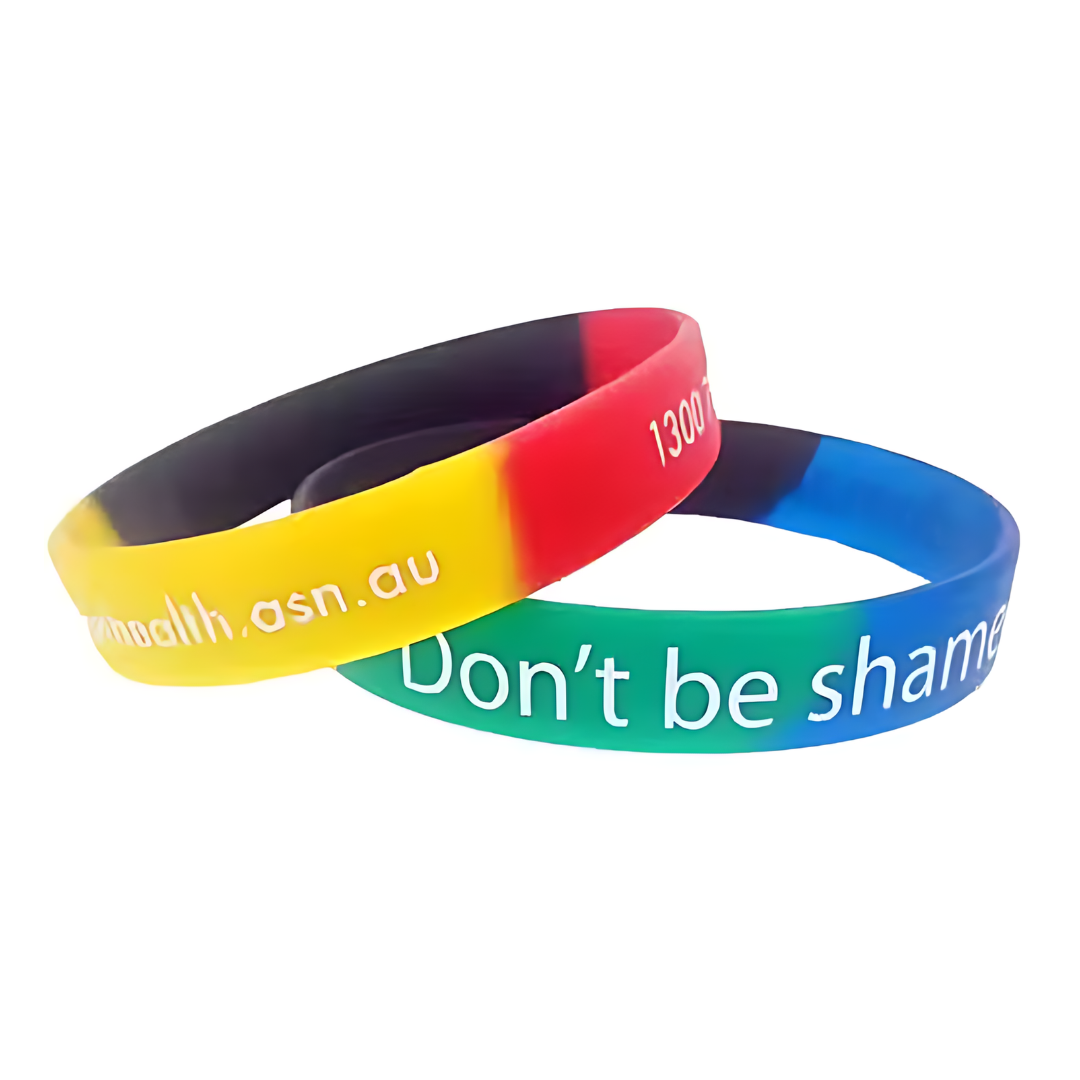 Sectional Coloured Silicone Wristbands embossed with health awareness text.
