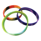 Three Sectional Coloured Debossed Silicone Wristbands with overlapping tie-dye patterns.