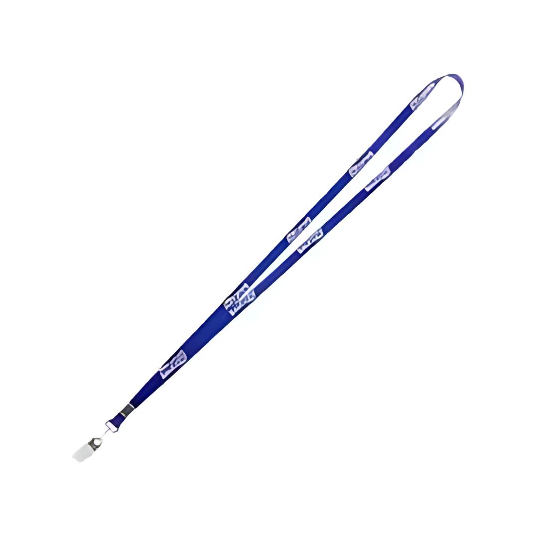The 10mm Silicon Lanyard is sleek and blue with bold white text, a durable metal clasp at the bottom, offering comfortable wear.