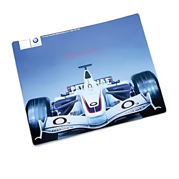 BMW F1 car poster accents this stylish Ultimate Counter Mat in blue, white, and black.