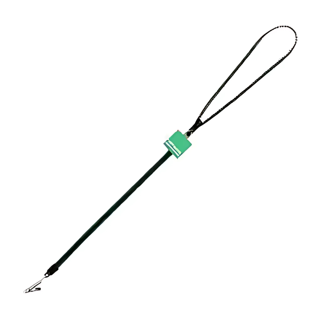 The Zipper Lanyard with Backing is a green snake catcher tool featuring a long handle and loop for safe snake gripping, plus a convenient zipper lanyard for easy storage and transport.