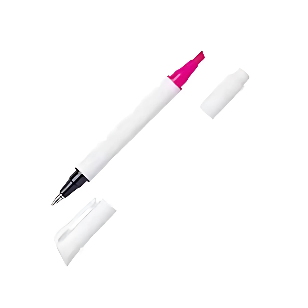 An exploded view of a custom printed pen reveals its components: a white barrel with a pink core, black tip, and two separate white caps, all isolated on a white background.