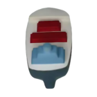 A 3D conceptual model called Stress Balls - Cargo Ship, designed as stacked stress balls, featuring a two-tiered red roof and a rectangular blue base within a white structure, captures simplistic abstraction.