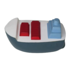 The Stress Balls - Cargo Ship is a small eraser in the shape of a toy cargo ship with a grey hull and white deck. It includes two red rectangles and a blue pyramid-like structure, making it perfect for nautical novelty collectors or stress ball enthusiasts.
