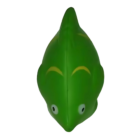 Top view of a green rubber Stress Shaped Fish, artistically designed with wide eyes and yellow markings, providing playful stress relief, isolated on a white background.