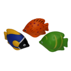 Three Stress Shaped Fish rest against a white background: one is blue with yellow stripes, another orange with red spots, and the third is green with light green stripes. These cartoon-eyed, simply designed toys resemble colorful stress relievers.