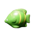 The Stress Shaped Fish Green toy with yellow stripes, round eyes, and textured fins floats peacefully against a white background.