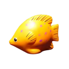 Cute, stylized Stress Shaped Fish in yellow with purple spots and a big eye, facing left. The cartoon-like fish has exaggerated features and a smooth texture against a plain white background.