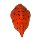 The Stress Shaped Fish is a tribal-style mask in orange and red, featuring black striped and spotted patterns. Displayed front-facing against a white background, its resemblance to a fish is striking.