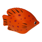 The Stress Shaped Fish, an orange rubber toy designed for stress relief, features round purple spots and black dot markings on its flat surface. Its cartoon-like eye adds charm against the white background.