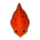 A brightly colored Stress Shaped Fish toy, with orange rubber and round black eyes, features small purple spots. Seen from the front against a plain white background, it serves as a stress reliever.