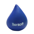 A blue, teardrop-shaped Water Droplet Stress Ball with Tearsoft in white letters rests gracefully on a plain white background. Smooth and soft, it resembles a calming water droplet designed to ease tension.