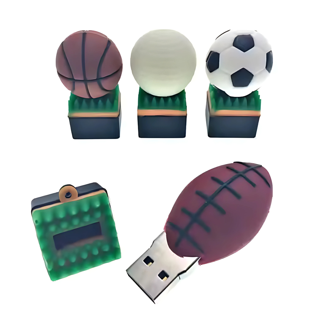Five Custom Created USB Keys boast sports themes: basketball, volleyball, and soccer ball on stands, an uniquely crafted American football, and a sleek green and black rectangle. These USB keys add style to your digital storage solutions.