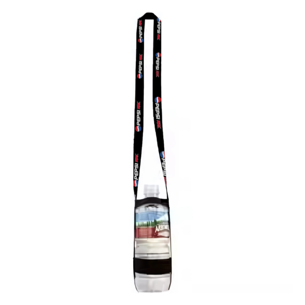 A Pepsi-branded black lanyard with red stars holds a premium water bottle in a clear, horizontal Premium Water Bottle Holder, combining style and functionality.