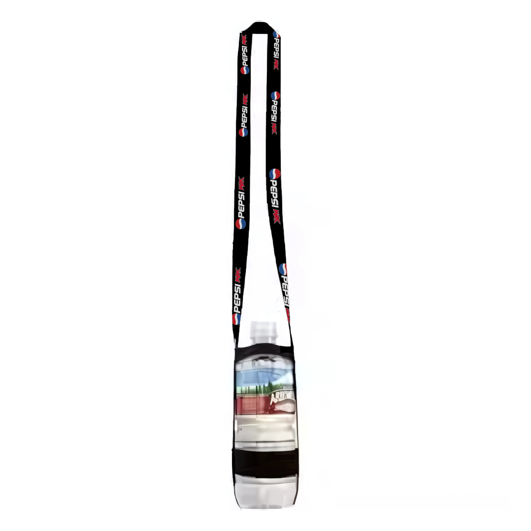 A Pepsi-branded black lanyard with red stars holds a premium water bottle in a clear, horizontal Premium Water Bottle Holder, combining style and functionality.