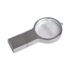 Silver magnifying glass with a rectangular handle next to a sleek Rounder USB Key on white.