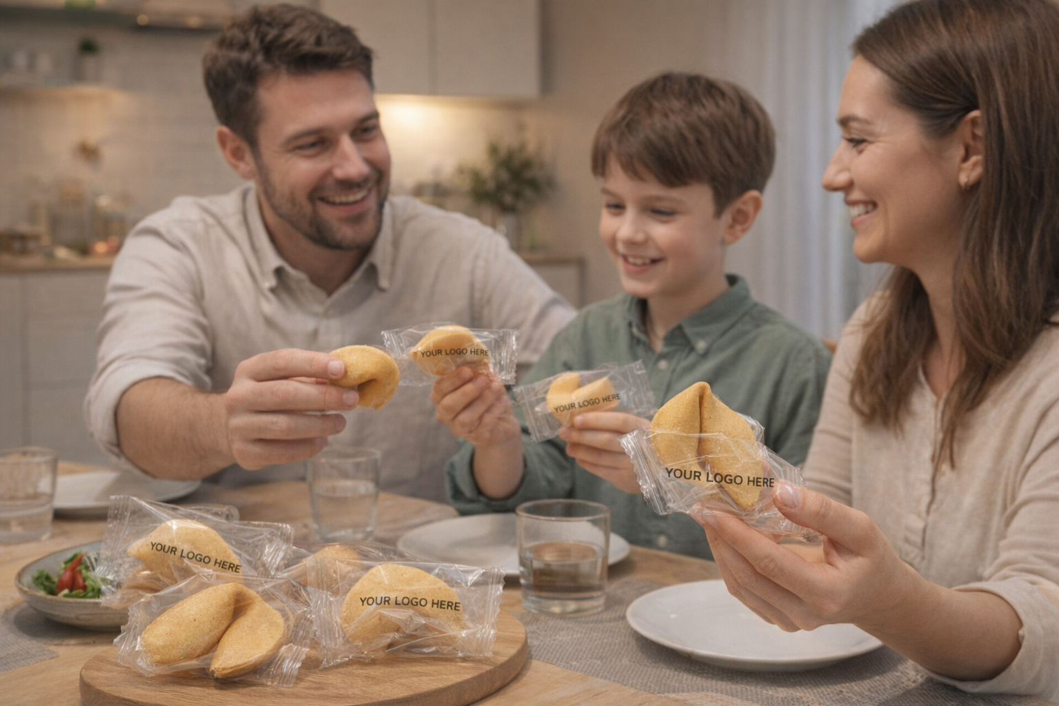 Family enjoying Australian Made Fortune Cookies together at the dining table in a cozy kitchen.