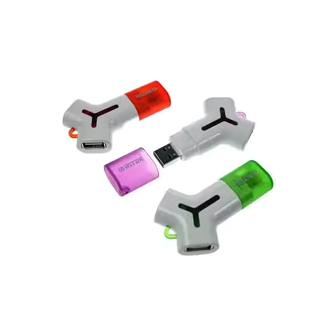 Three vibrant Y Style memory keys with personalized red, purple, and green details.
