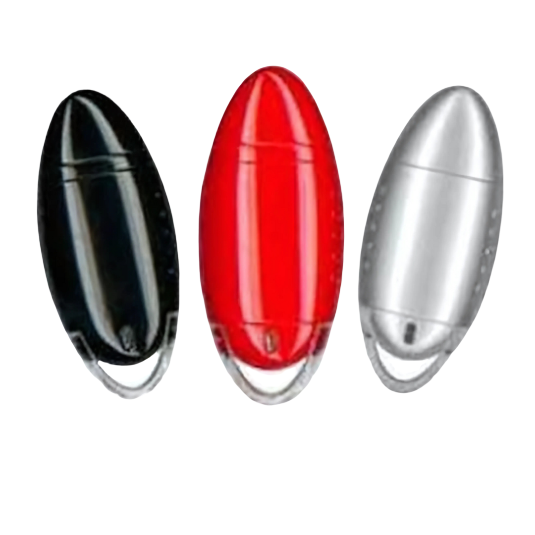 Three egg-shaped Customized Flash Drives in black, red, and silver on a white background.