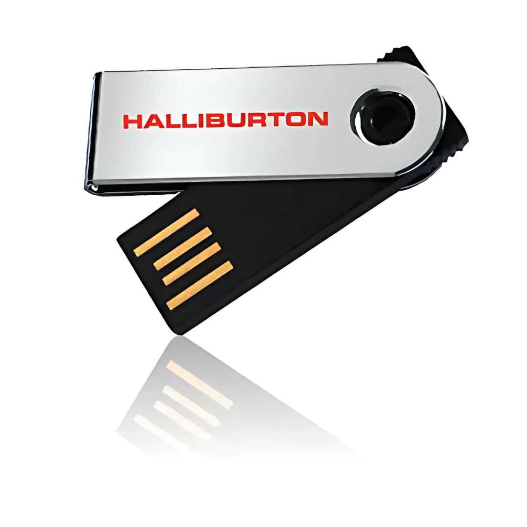 Printed USB Memory mini Flipper with HALLIBURTON on silver swivel cover.