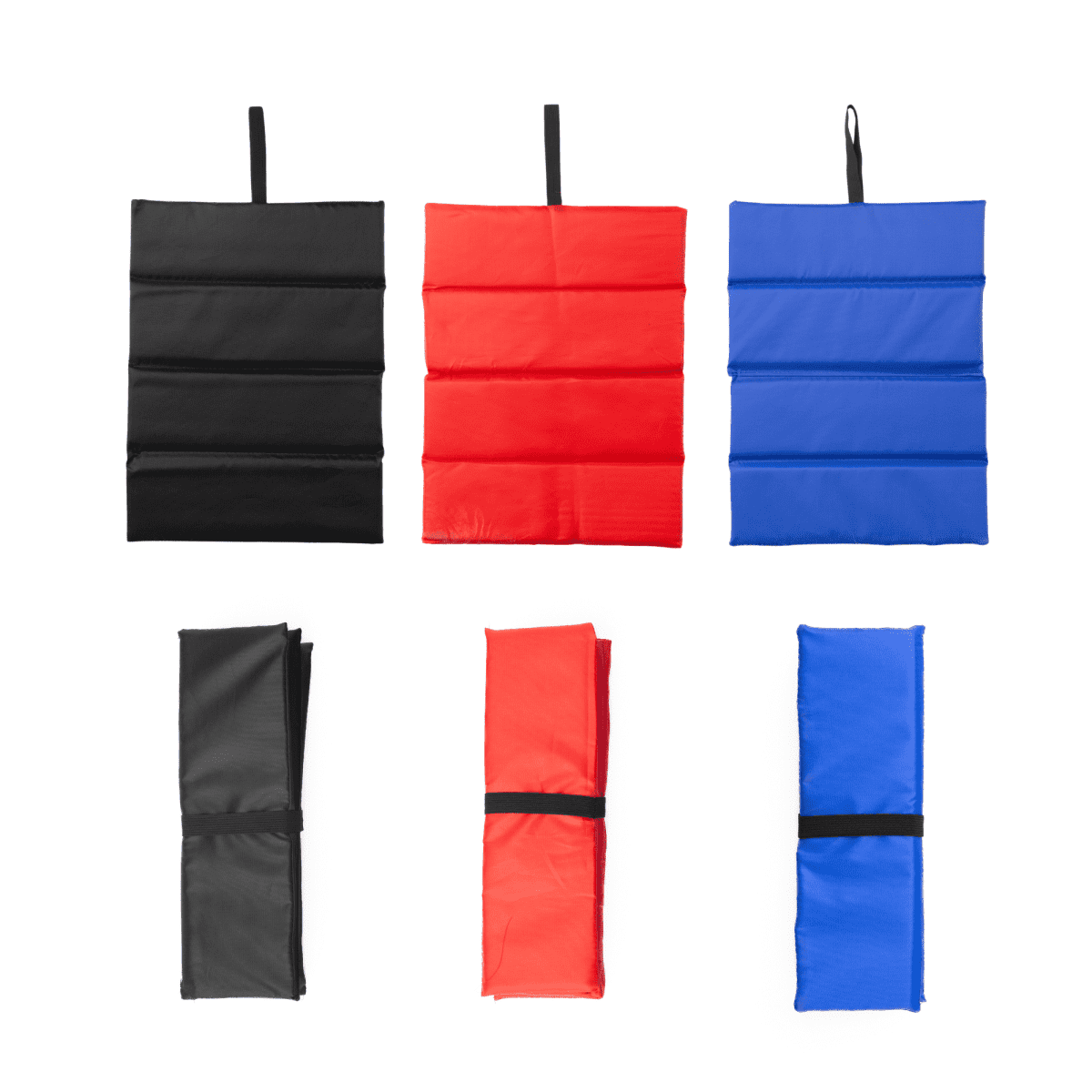 Six folding seat cushions in black, red, and blue, shown open and folded.