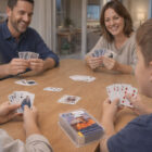 A family of four smiles and plays with Playing Cards at a wooden table.