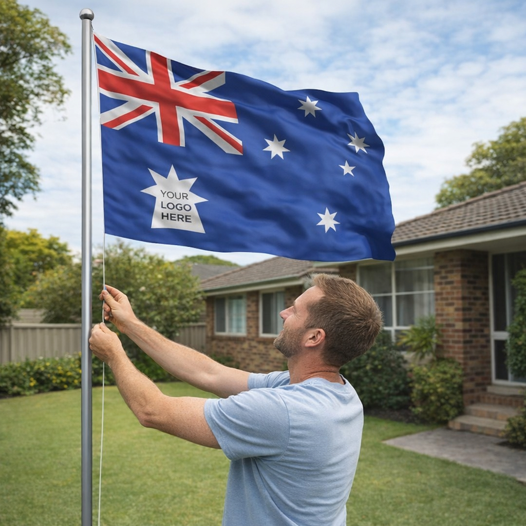 Man raising an Australian Made Flags flag in a suburban yard with a blank white star logo.