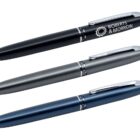 Branded Three stylus pens in black, gray, and blue, with company logo