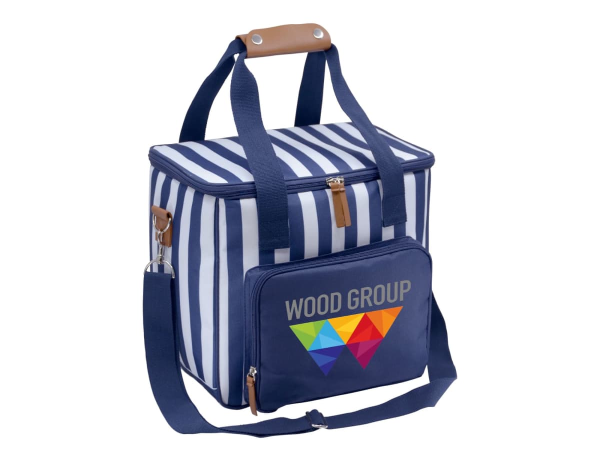 A striped blue and white cooler bag with a front pocket displaying a colorful geometric logo and the text WOOD GROUP. It has a brown handle and a shoulder strap, with a small zipper pocket featuring a light brown zipper.