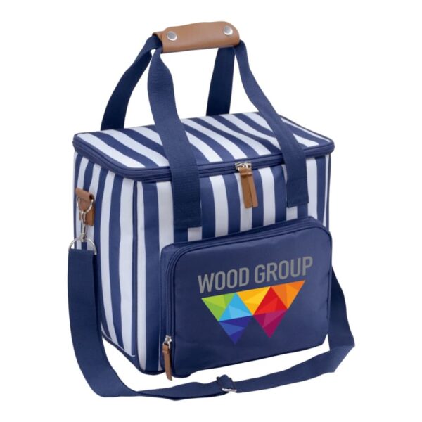 A striped blue and white cooler bag with a tan handle and shoulder strap. It has a front pocket with a colorful geometric logo and the text WOOD GROUP. A small bottle is attached to the side with a clasp.
