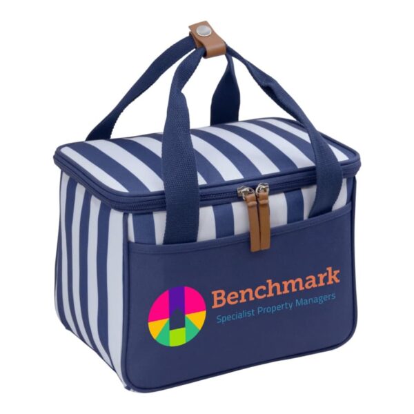 A blue and white striped insulated cooler bag with a brown handle and zipper pull. The bag features a colorful logo and the text Benchmark Specialist Property Managers on the front pocket.