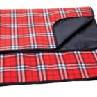 A folded red and black plaid blanket with a black underside. The blanket has a classic tartan pattern with intersecting white and blue lines.
