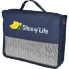 A dark blue zippered bag with a black handle, featuring the Slice of Life logo with an orange slice design. The lower front section is made of a textured, light gray mesh material.