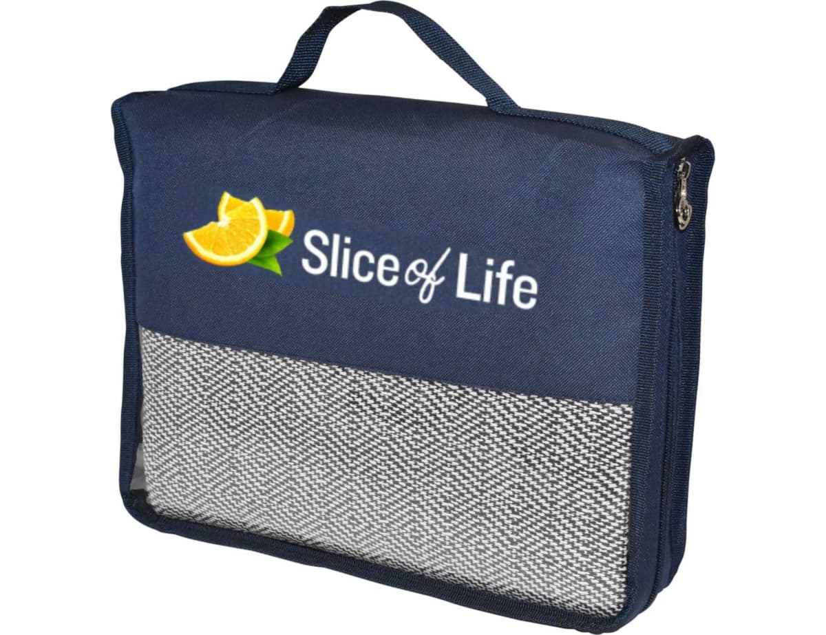 A dark blue zippered bag with a black handle, featuring the Slice of Life logo with an orange slice design. The lower front section is made of a textured, light gray mesh material.