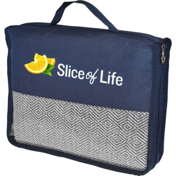 A navy blue carrying case with a handle and zippered closure. Slice of Life is printed on it along with an image of an orange slice. The lower part features a mesh pocket.