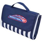 A portable, folded sports bag with a blue handle and a logo that reads Basketball BC in white and red. The bag has a striped navy blue and white design on the sides.