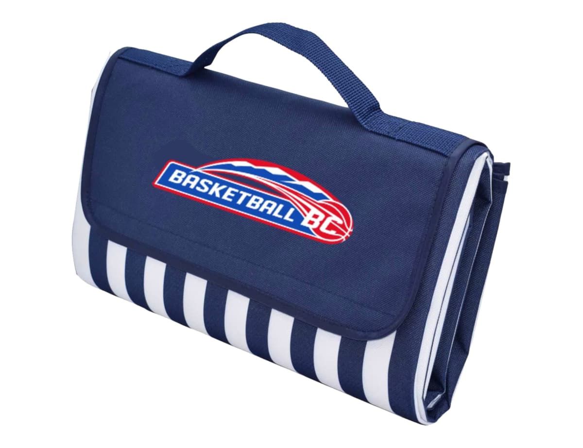A portable, folded sports bag with a blue handle and a logo that reads Basketball BC in white and red. The bag has a striped navy blue and white design on the sides.