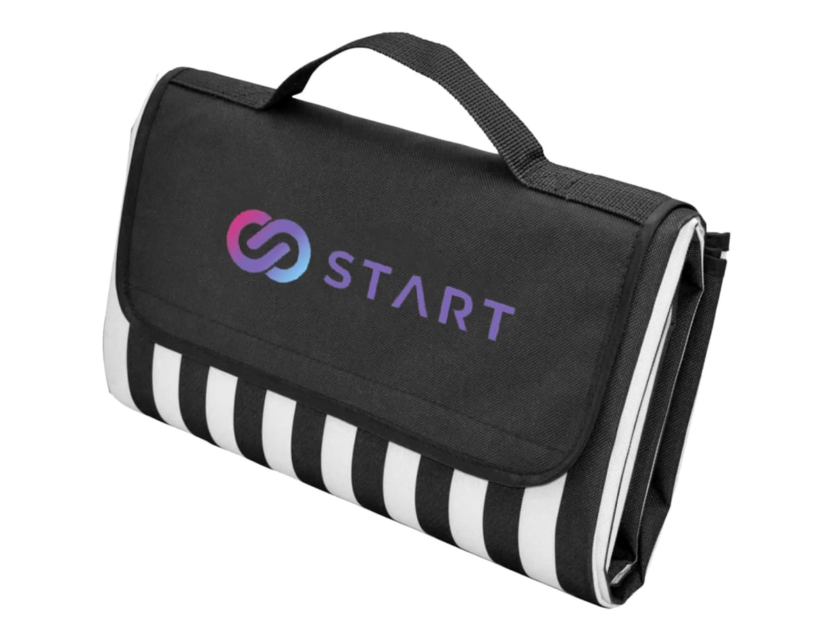 A black and white striped foldable picnic blanket with a handle. The flap features a colorful logo with the word START printed in purple.