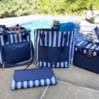 A set of blue and white striped bags, including a cooler, tote, and lunch box, arranged near a pool. A blue picnic blanket is folded in front. A bottle and towel are visible in the tote bag. Trees and a person lounging in the background.