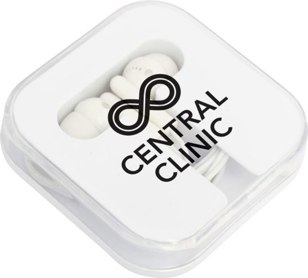 White earbuds in a clear plastic case labeled Central Clinic with an infinity symbol.