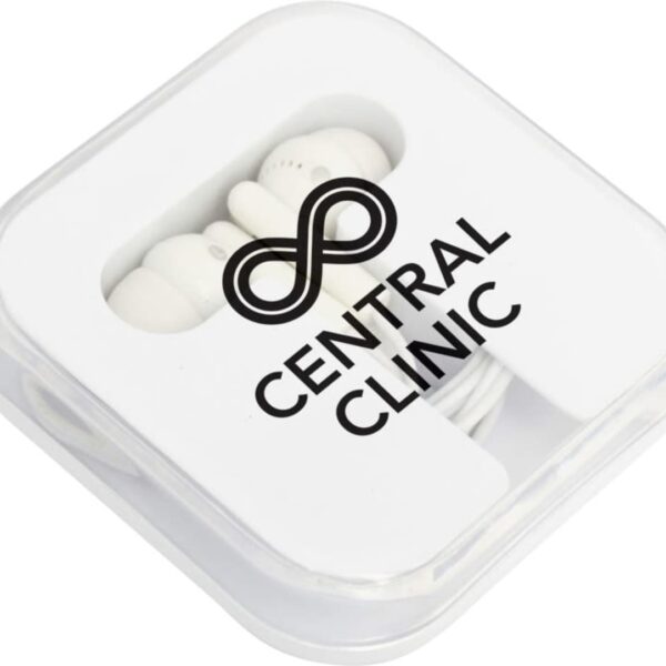 White earphones in a clear plastic case labeled Central Clinic with an infinity symbol.