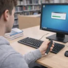 Someone uses a Usbs Wristband Ii to copy files near a computer in the library.