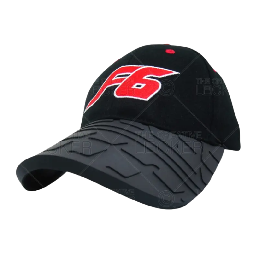 Tyre Tread Custom Cap with F6 in red and a unique tyre tread-designed brim.