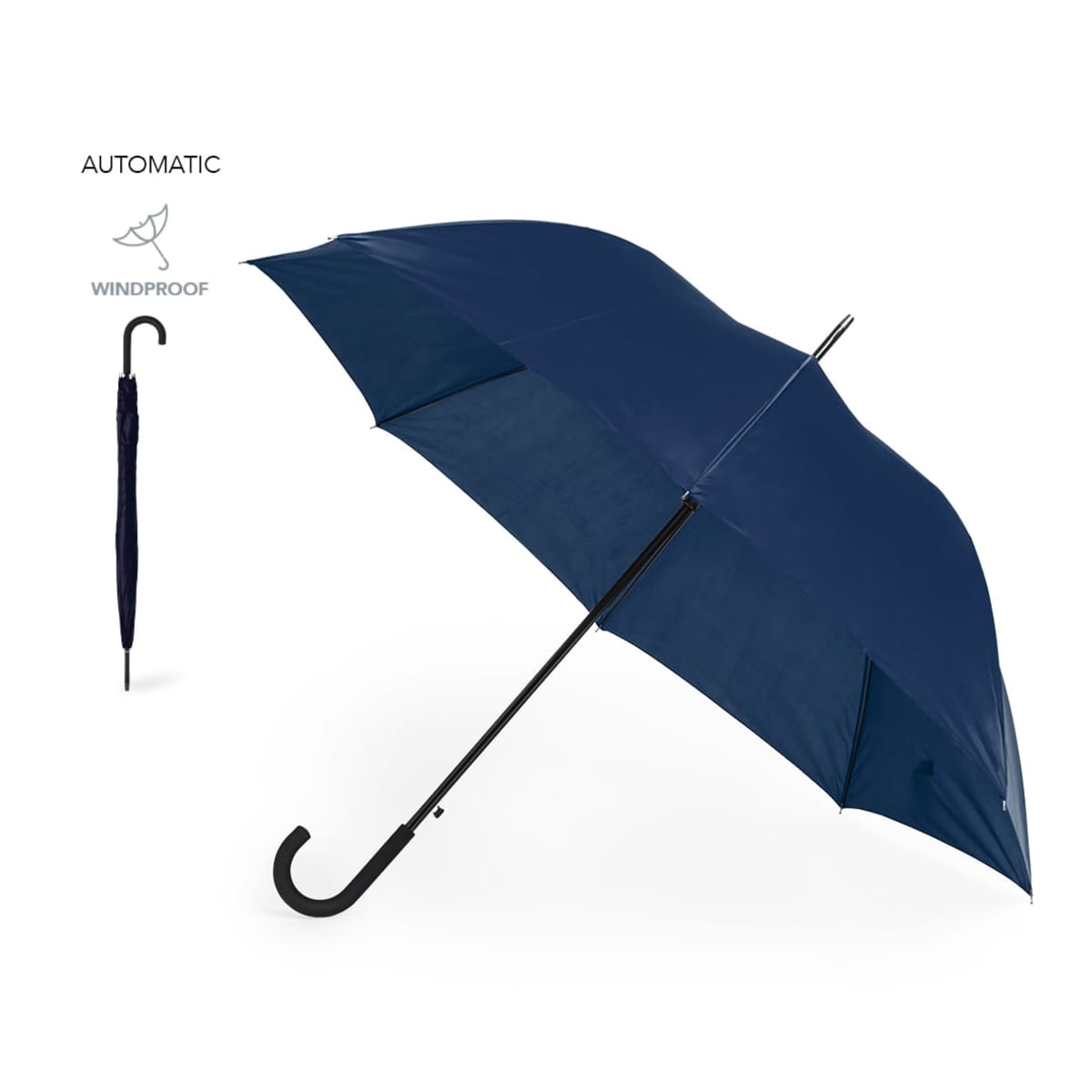 XL Umbrella Senz Umbrellas XL blue windproof umbrella with curved handle, open and closed.