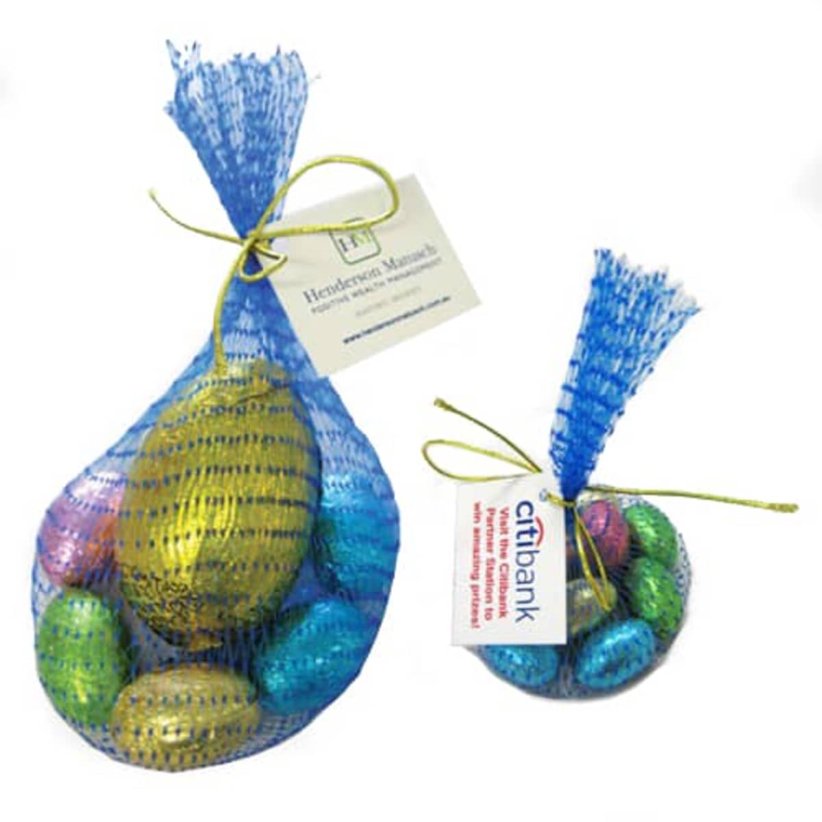 easter egg mesh bags Easter Egg In Brandable Mesh Bag with assorted colorful foil-wrapped chocolates inside.