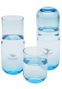 Three Water Jug Sets Glacier blue glasses, each filled differently, on a white background.