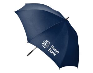 Navy golf umbrella printed with the white Hume Bank logo on the canopy