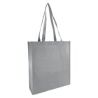 Gray reusable shopping bag with long handles, standing upright against a white background.