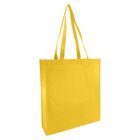 Yellow tote bag with long handles, standing upright on a white background.