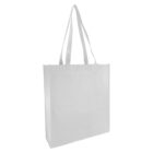 A plain white tote bag with long handles against a white background.